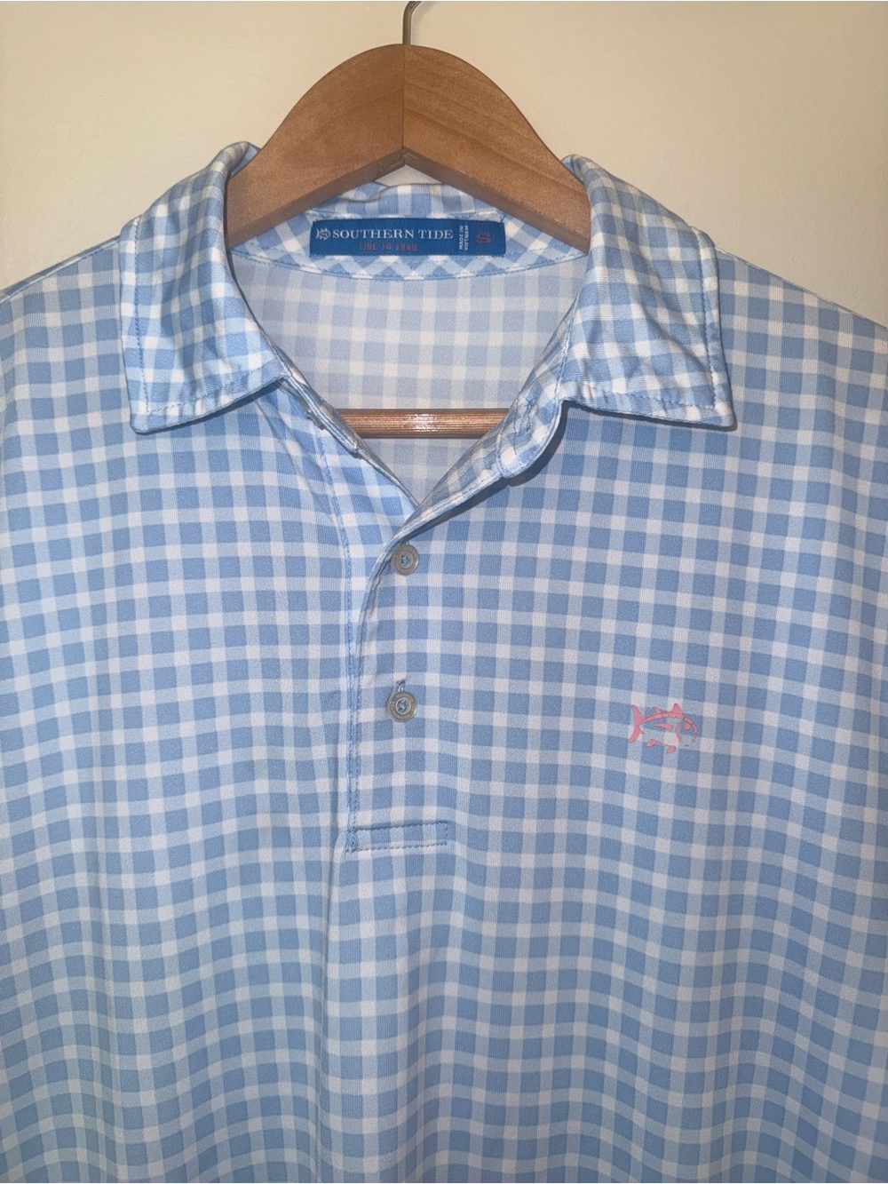 Southern Tide Polo Performance Small S Blue Gingham Fish Tide To Trail Golf